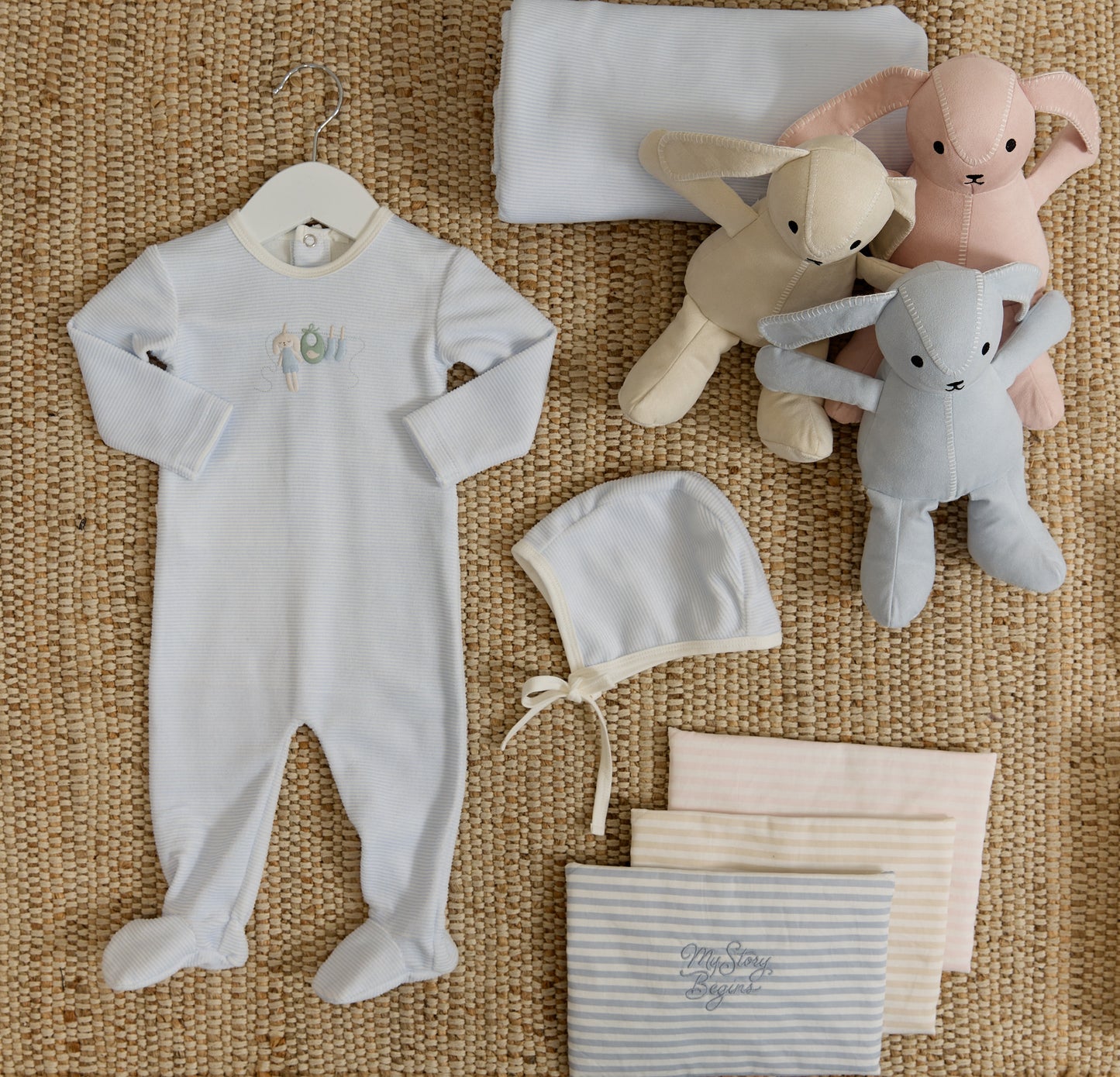 Bunny Stripe Footie & Hat Set - Blue