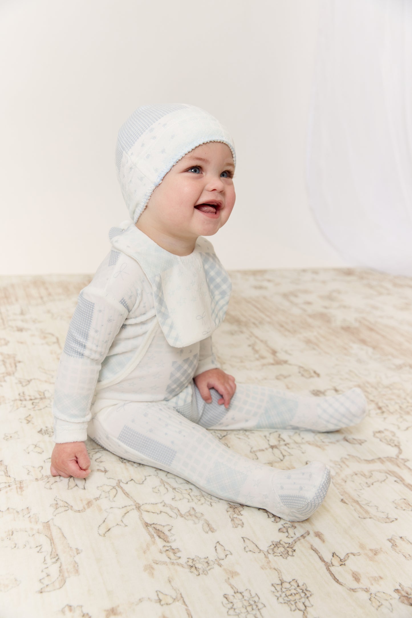 Patchwork Footie & Hat Set - Blue