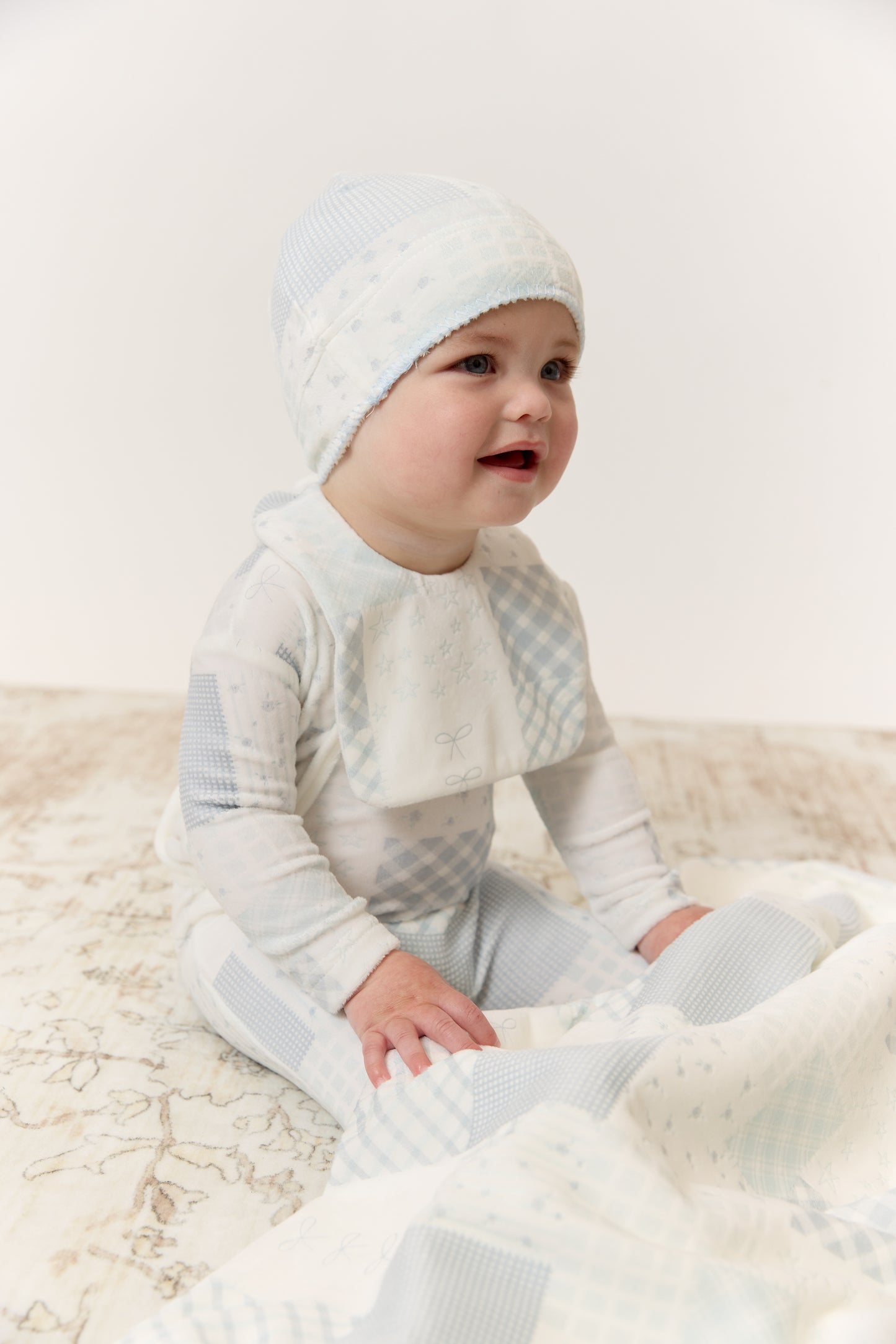 Patchwork Footie, Hat & Blanket Set - Blue
