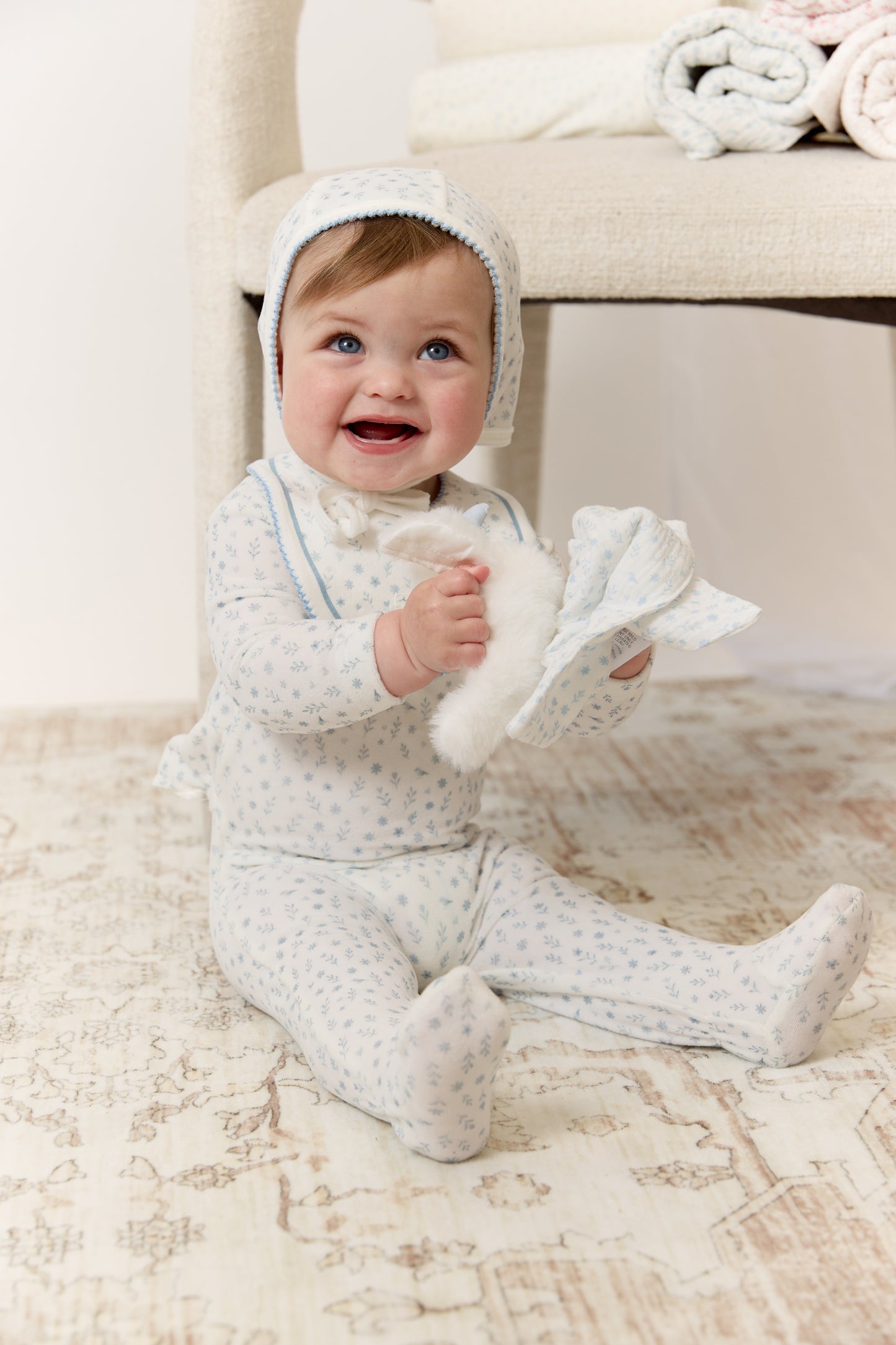Whispering Blooms Footie, Hat & Blanket Set - Dark Blue