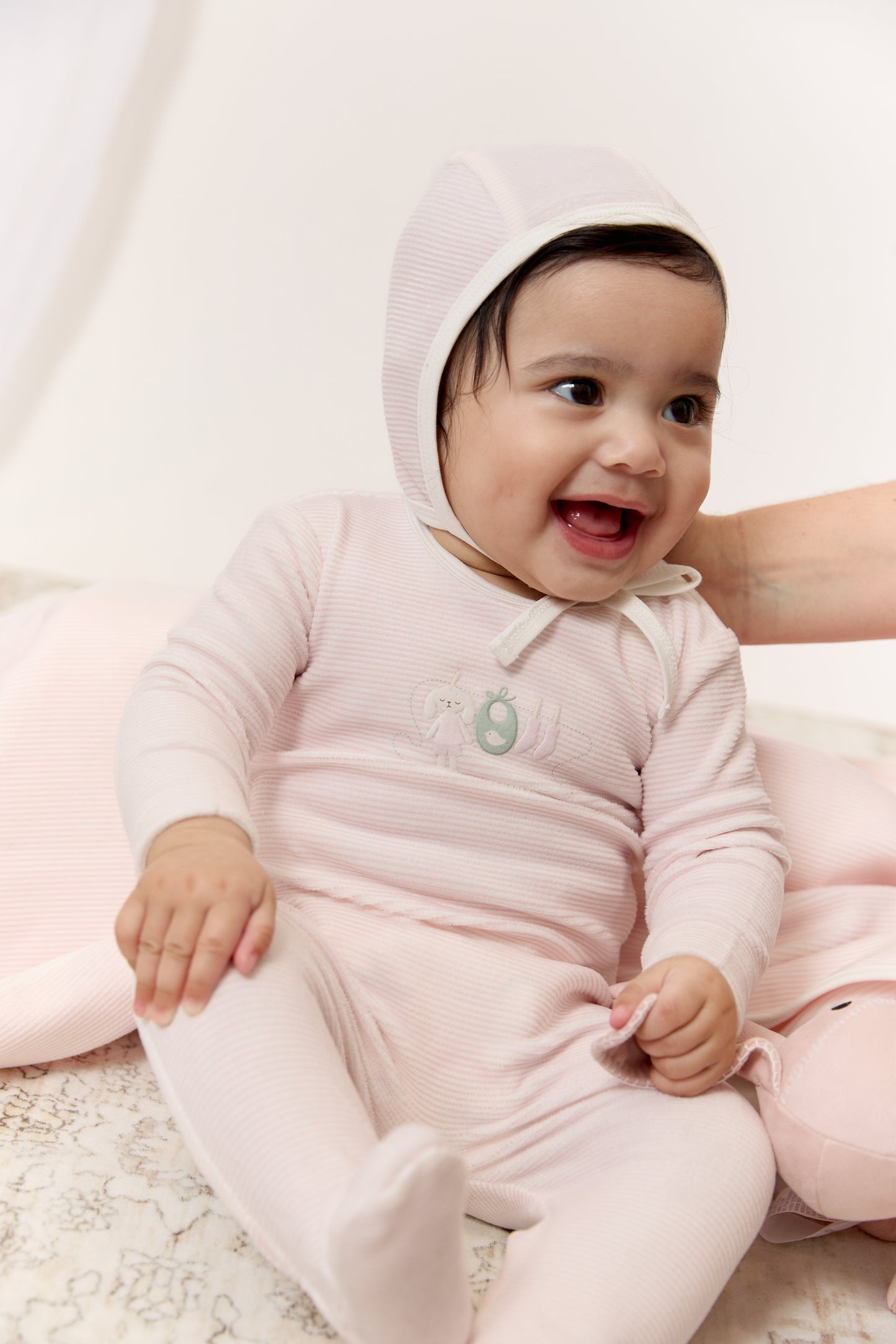 Bunny Stripe Footie & Hat Set - Pink