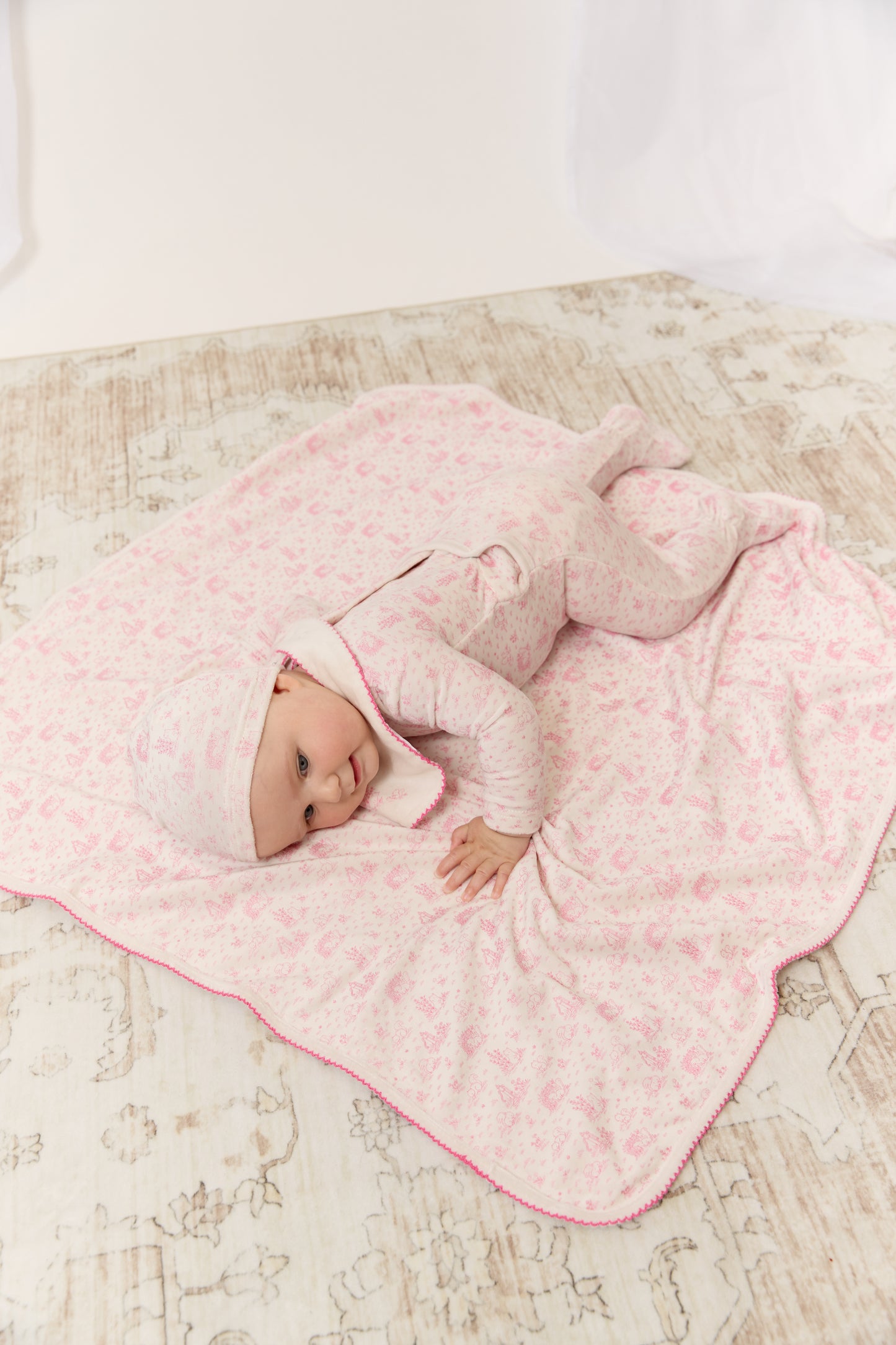 Woodland Toile Footie, Hat & Blanket Set - Pink