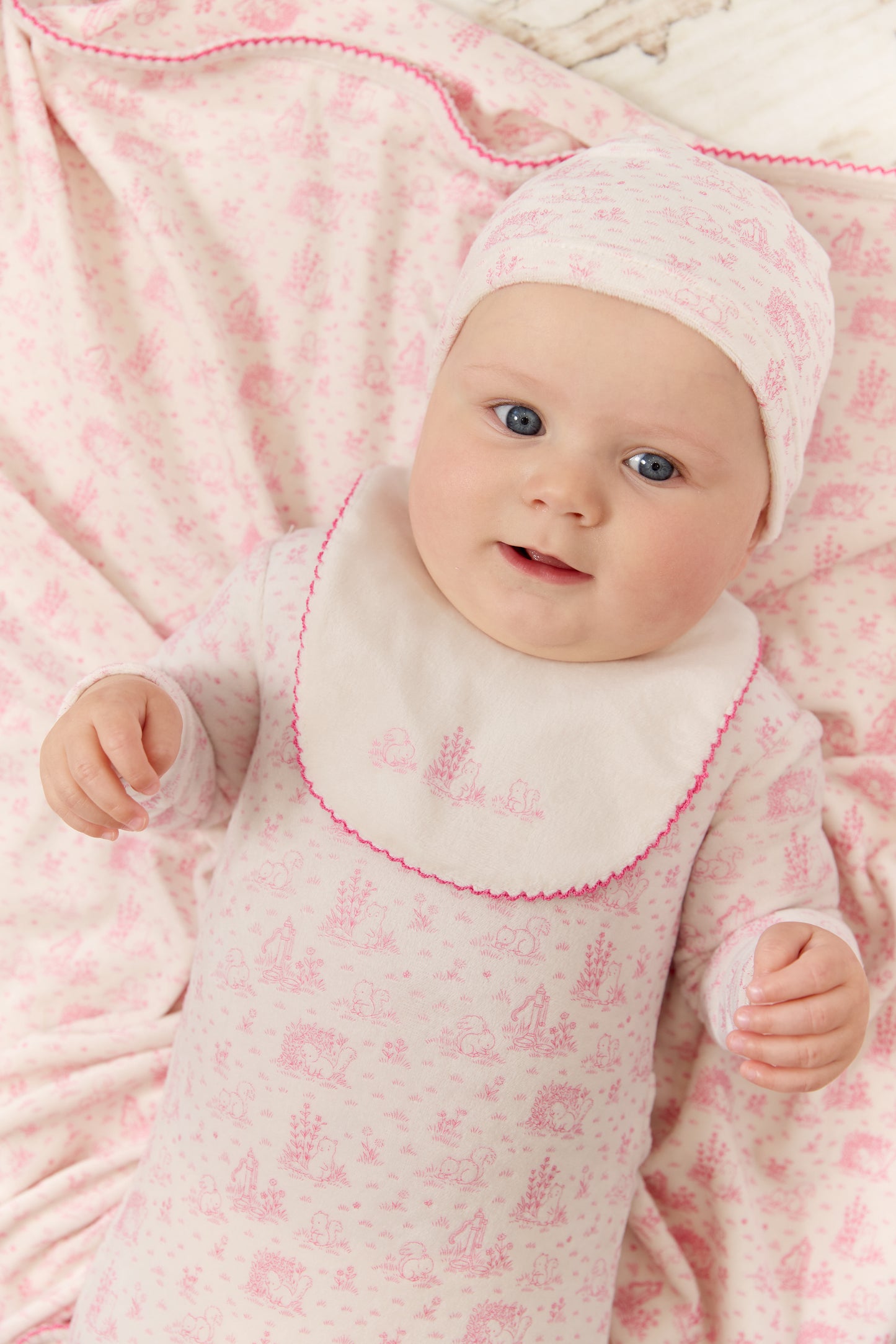 Woodland Toile Footie, Hat & Blanket Set - Pink