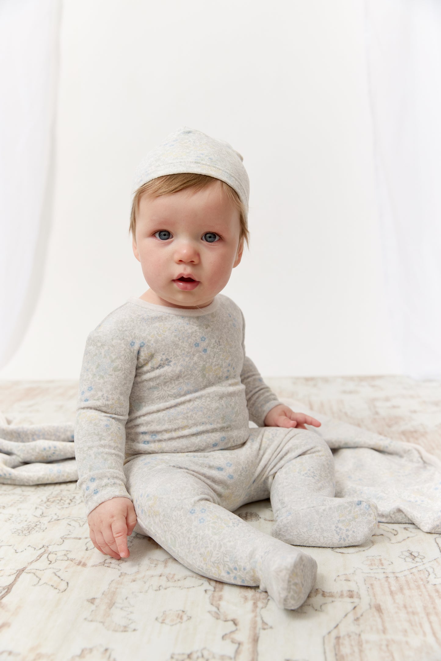 Petite Petal Footie & Hat Set - Blue