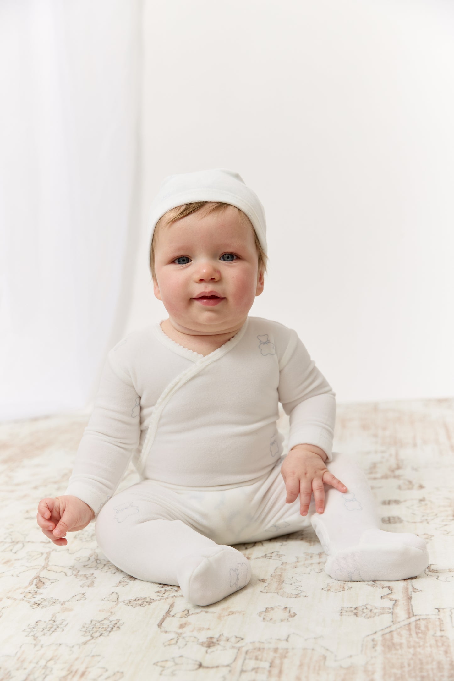 Petit Ours Pattern Footie + Hat - Blue