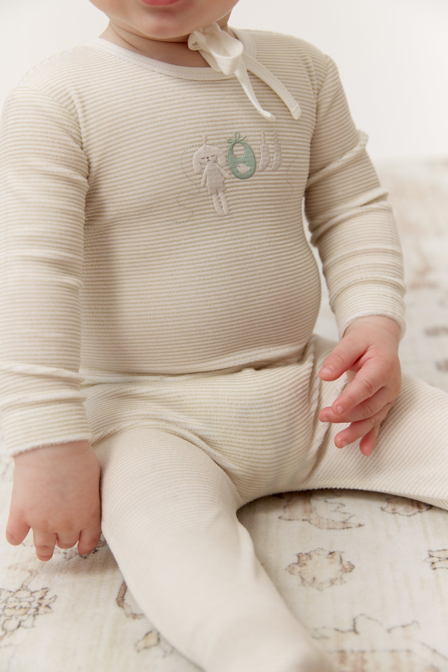 Bunny Stripe Footie & Hat Set - Stone