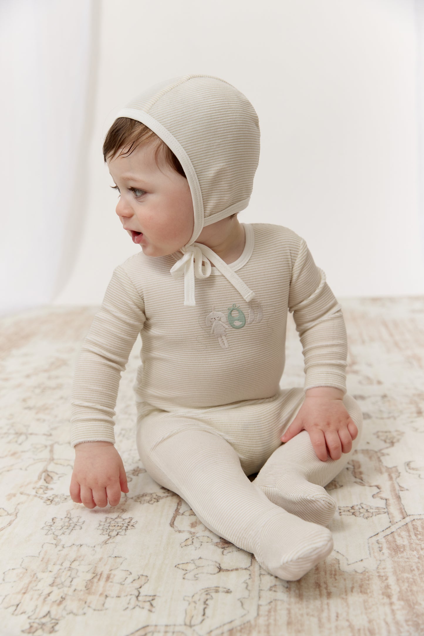 Bunny Stripe Footie & Hat Set - Stone