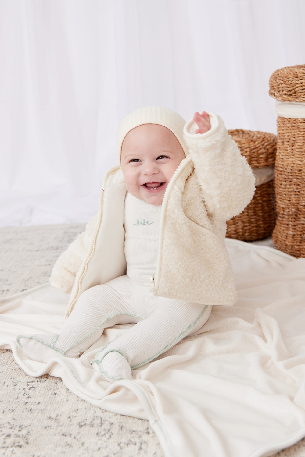 Shearling Jacket & Rib Beanie Set - White