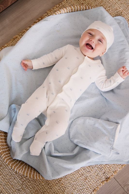 Little Crown Pattern Terry Footie + Hat - Blue