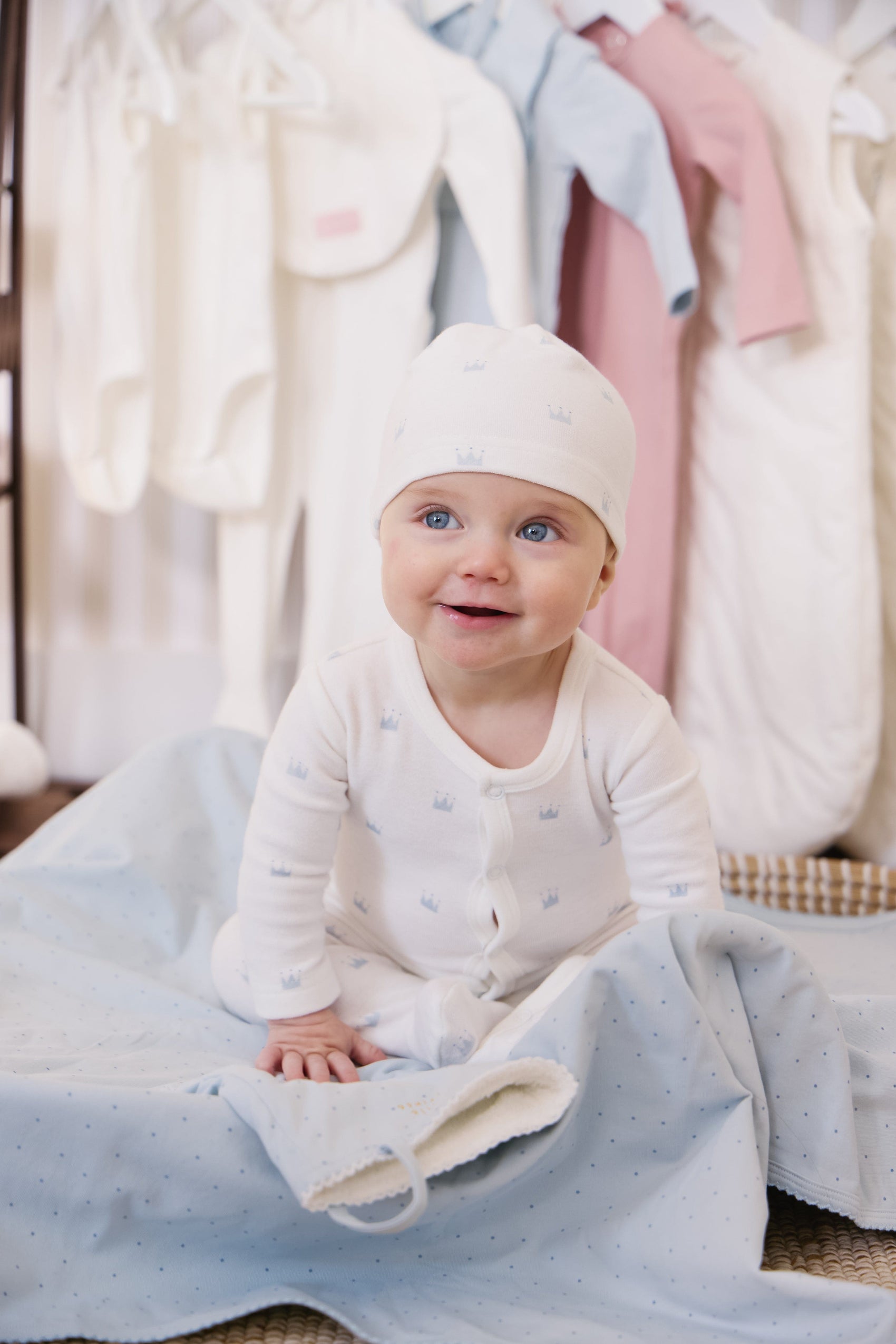Little Crown Pattern Terry Footie + Hat - Blue