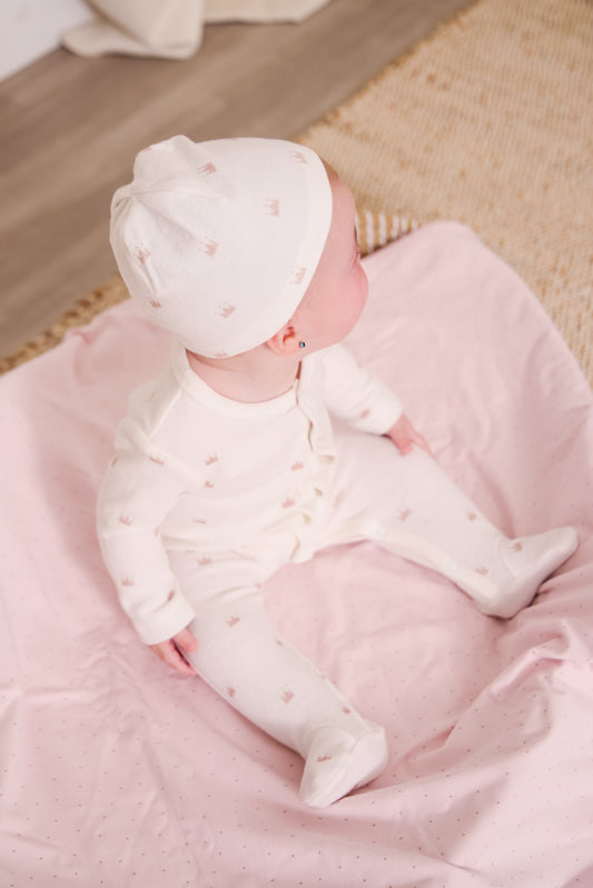 Little Crown Pattern Terry Footie + Hat - Pink