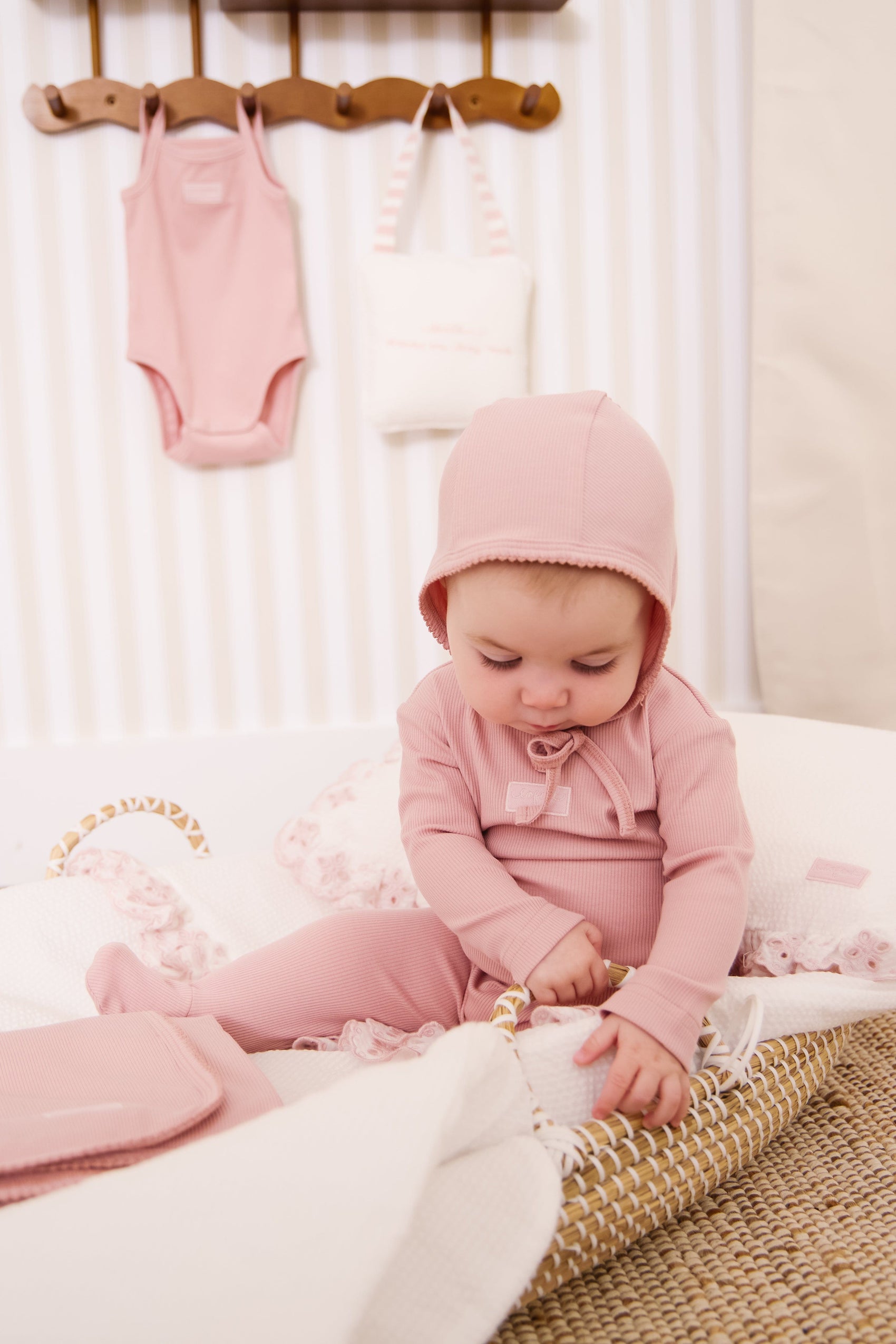 Enfant Rib Footie+ Bonnet - Pink