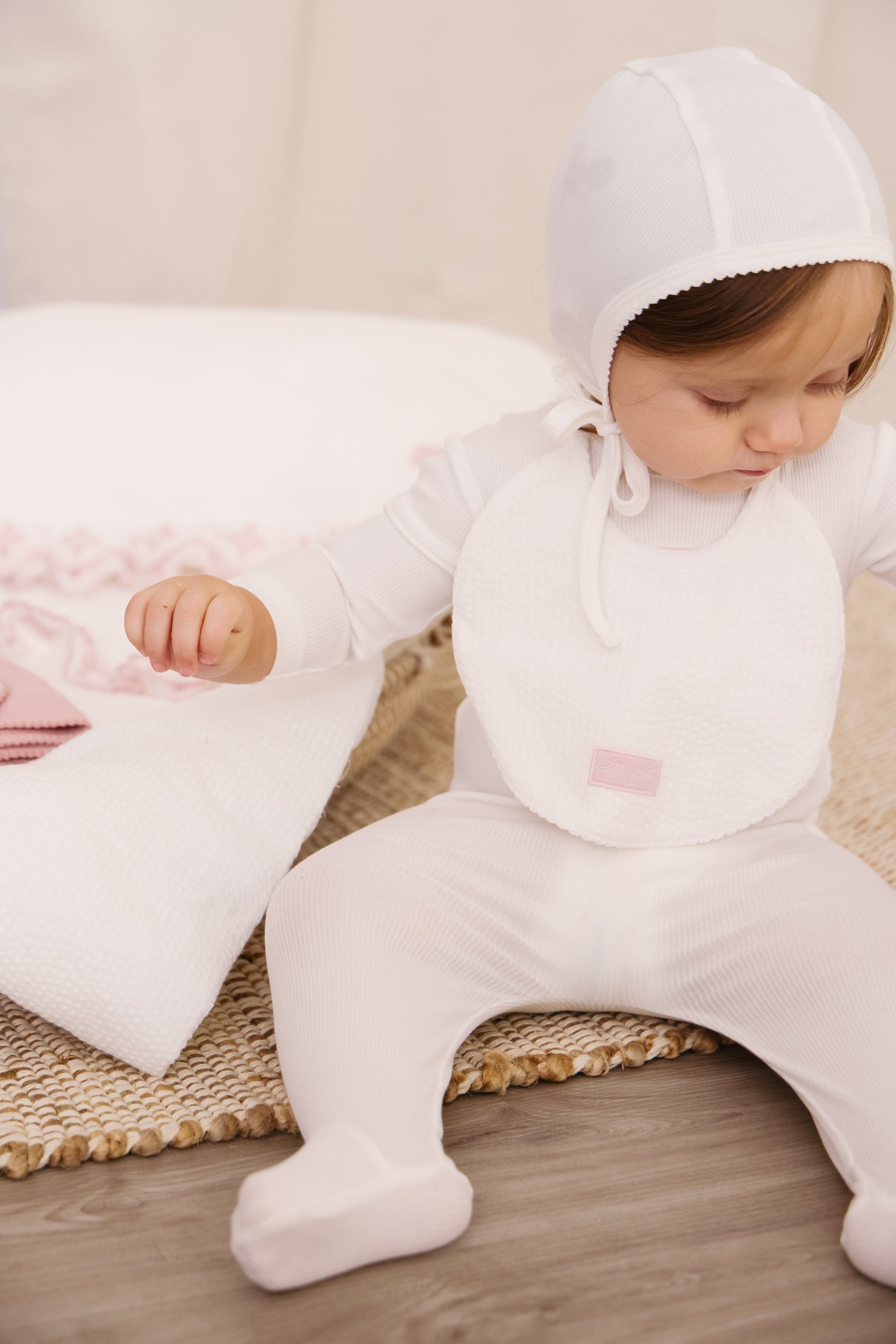 Enfant Rib Footie+ Bonnet - White Pink