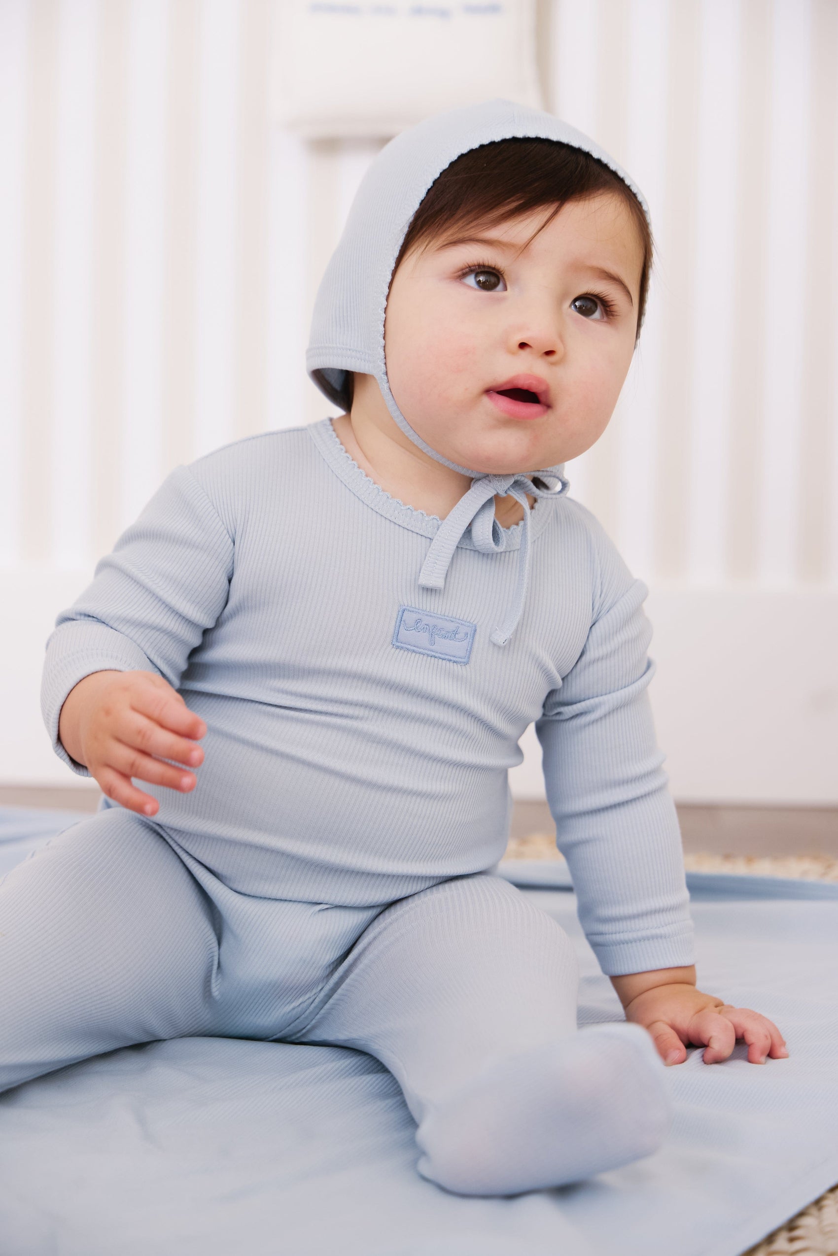 Enfant Rib Footie+ Bonnet - Blue