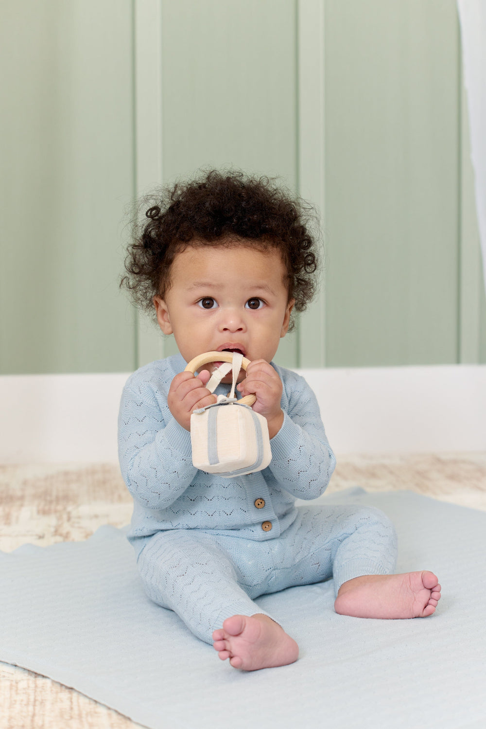 Zig Zag Pointelle Knit Long Overalls - Sage