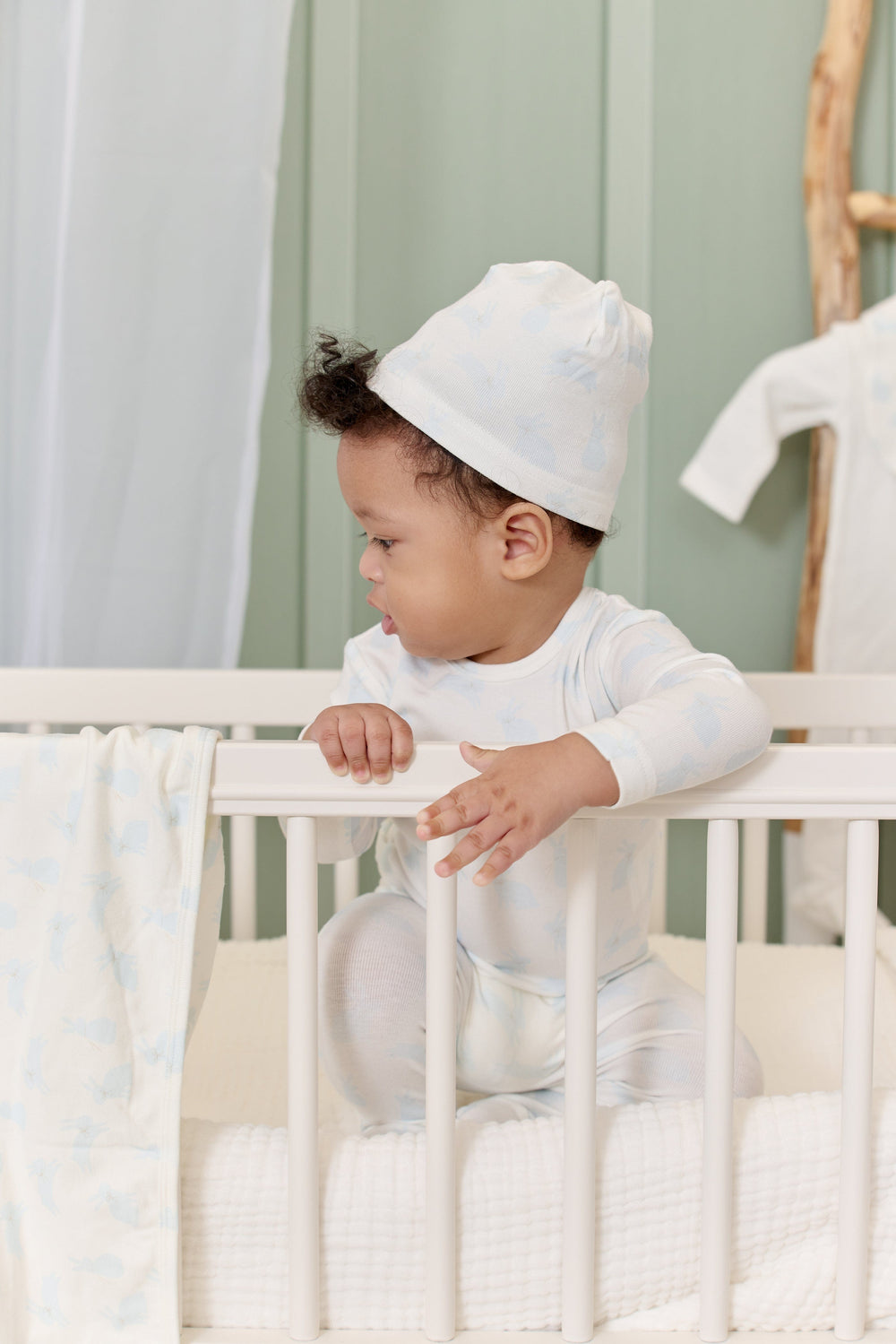 Bunny Print Romper & Hat Set - Blue