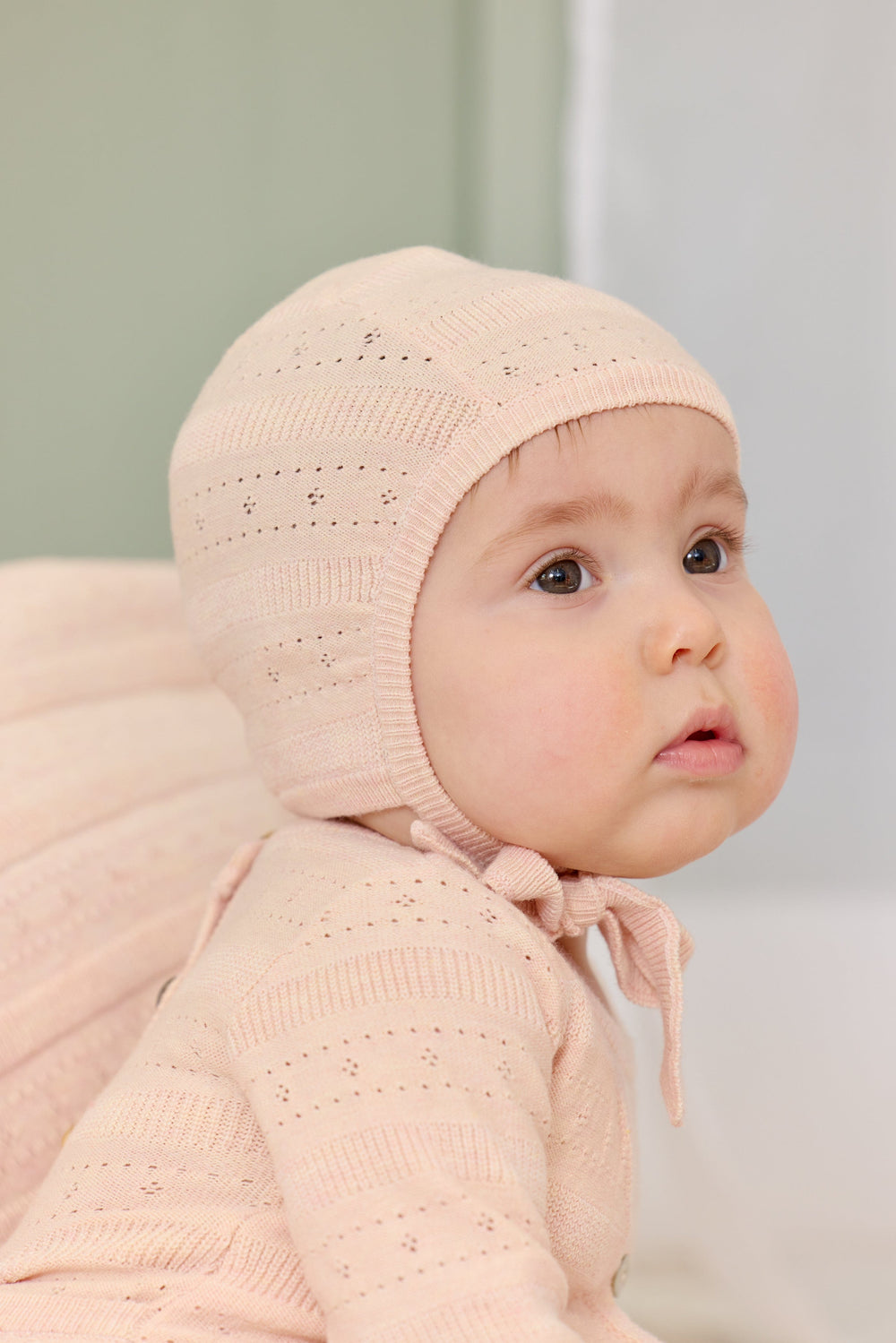 Pointelle Stripe Knit Romper & Bonnet Set - Pink