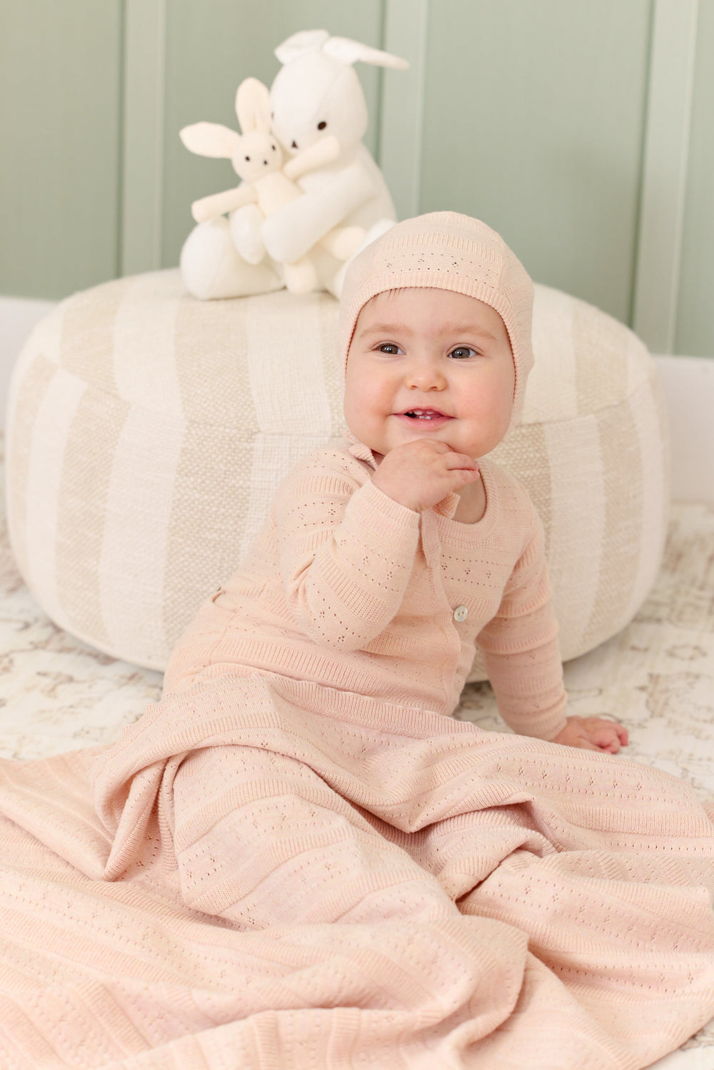Pointelle Stripe Knit Romper & Bonnet Set - Pink