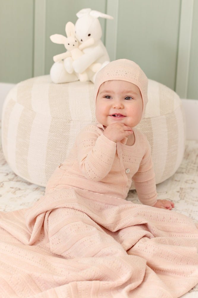 
                  
                    Pointelle Stripe Knit Romper & Bonnet Set - Pink
                  
                