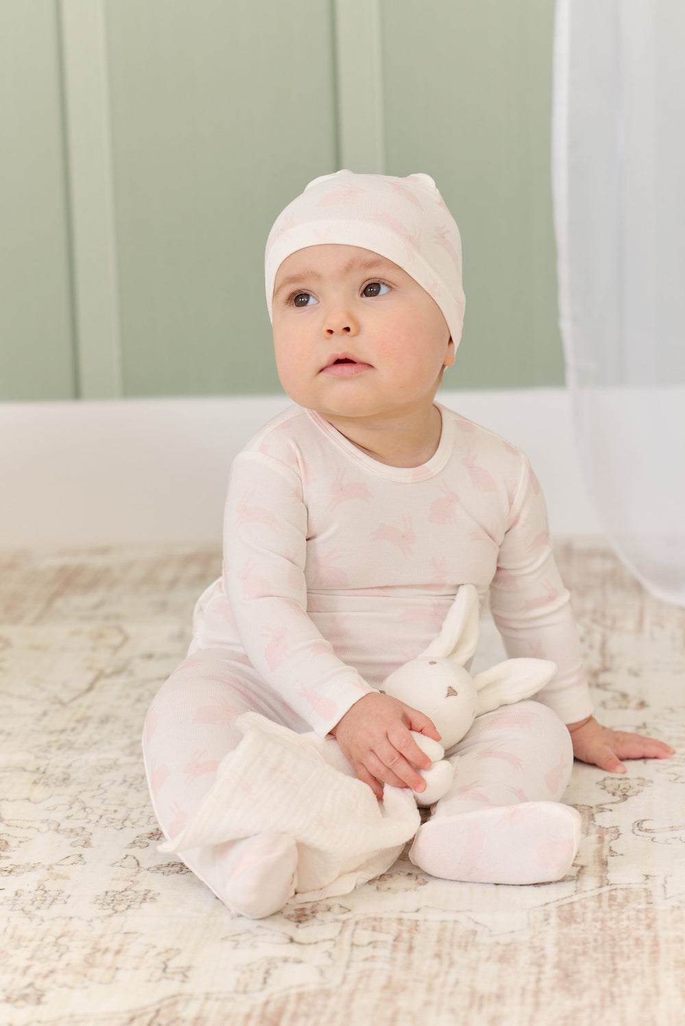 Bunny Print Romper & Hat Set - Pink