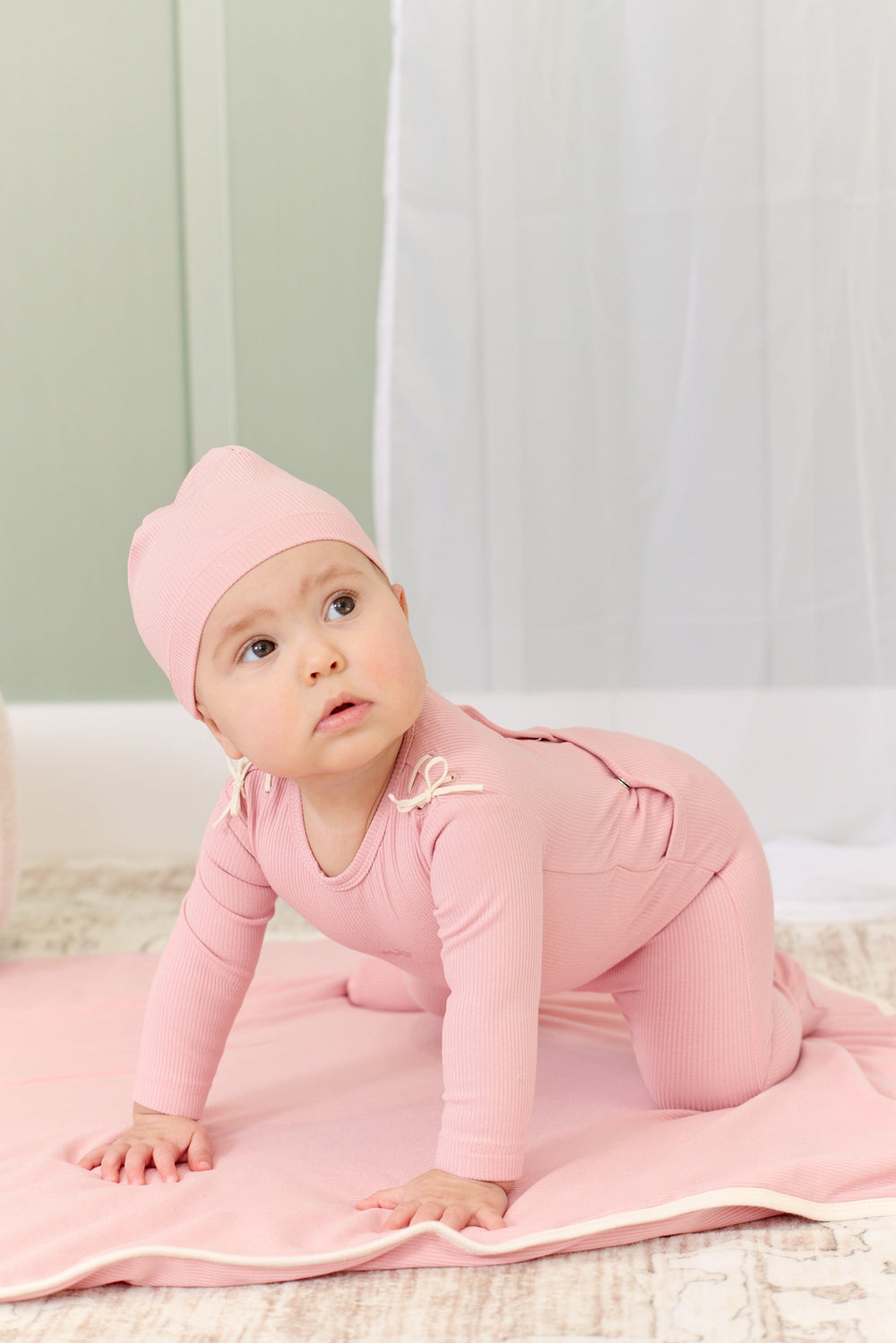 Laced Romper + Hat Set - Pink