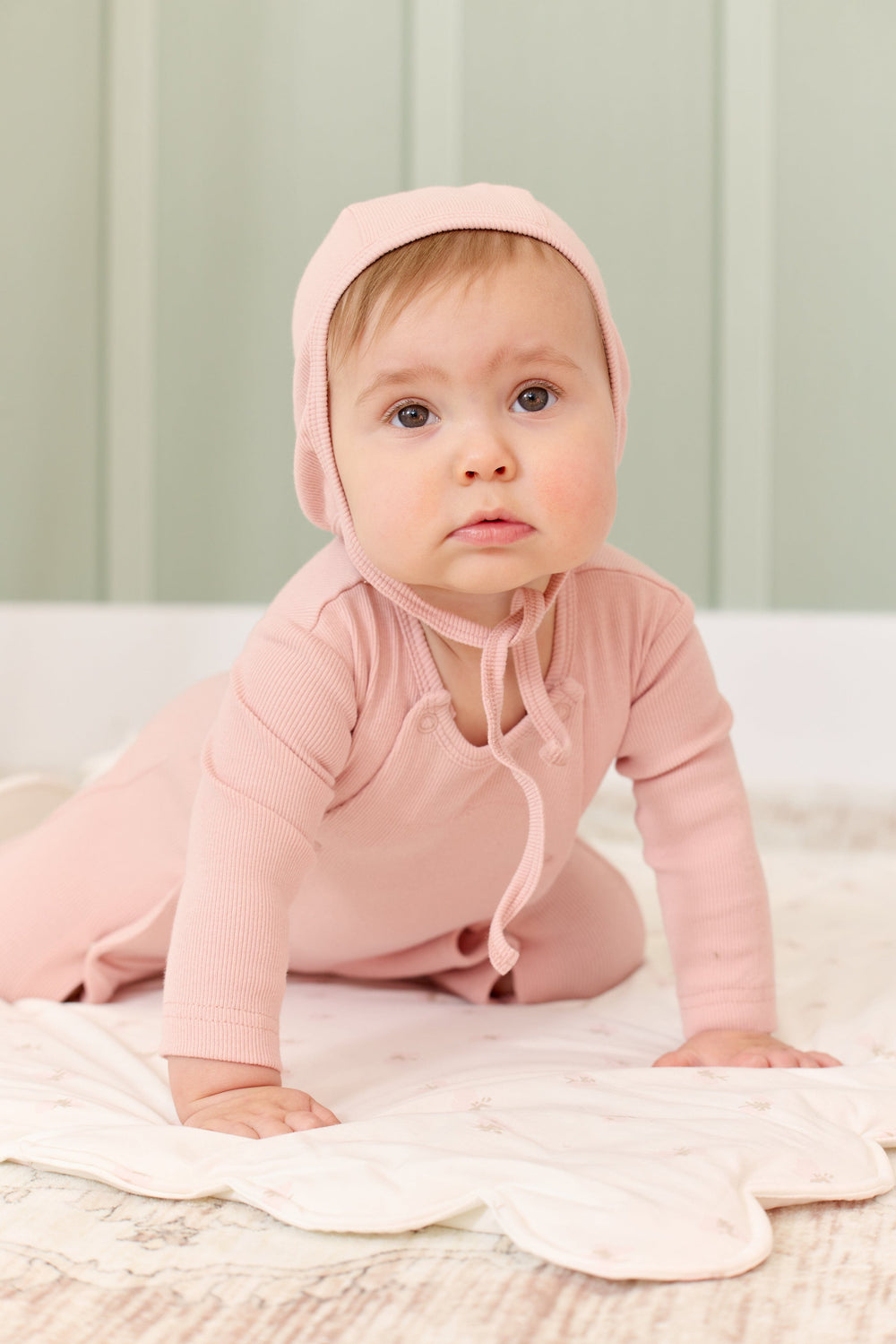 Rib KB Romper + Bonnet Set - Pink