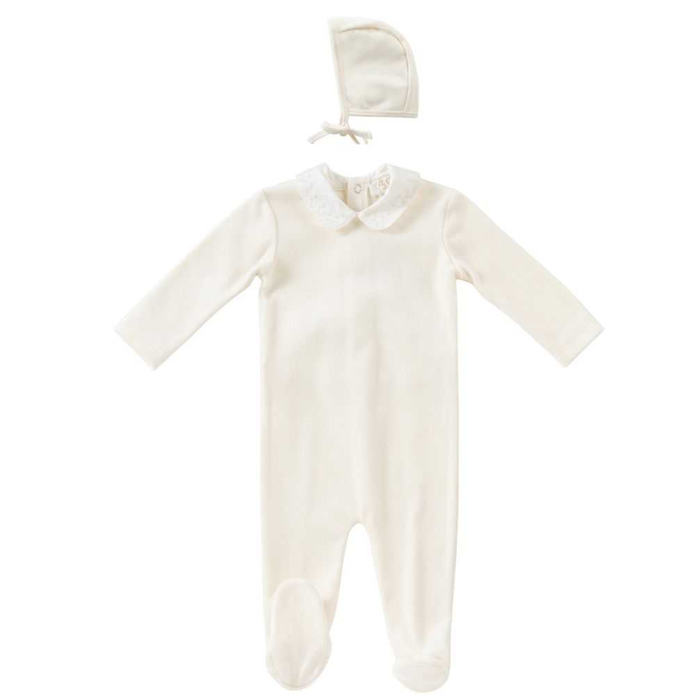 Embroidered Romper & Bonnet Set - White