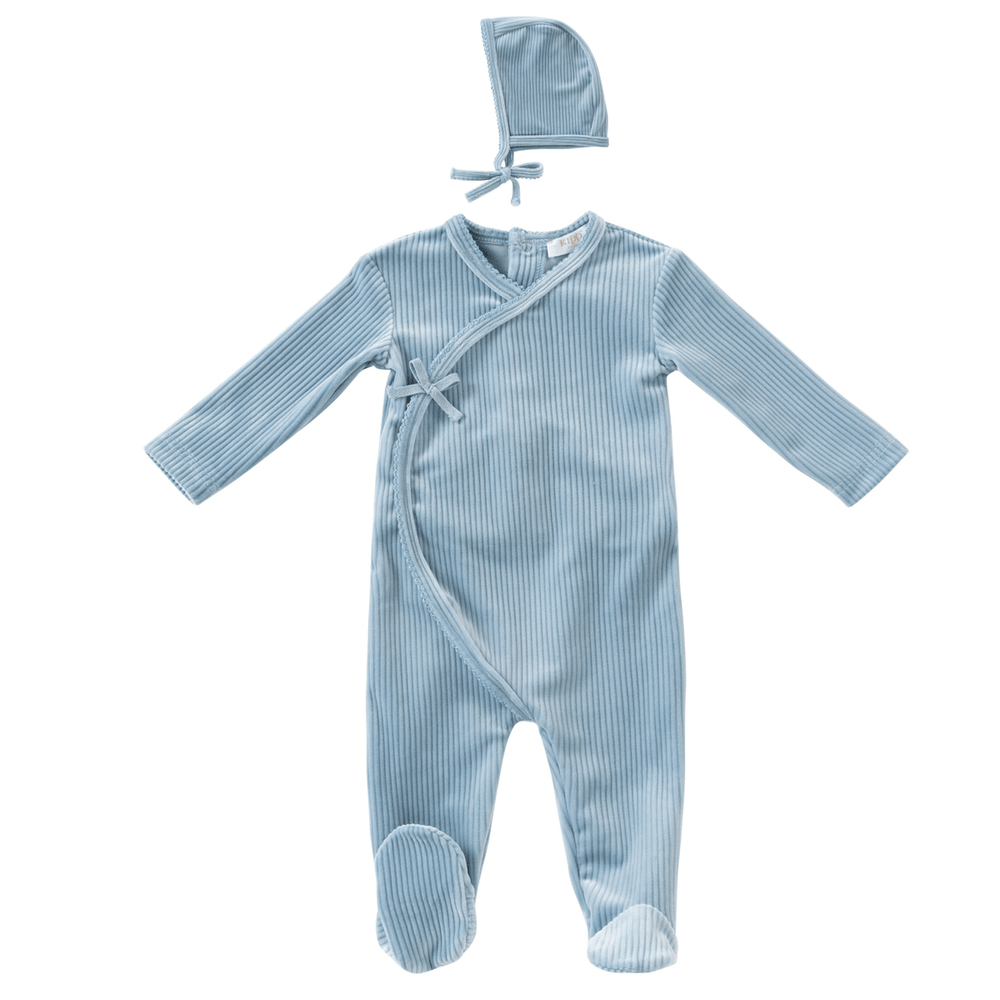 Pointelle Velour Romper & Bonnet Set - Blue