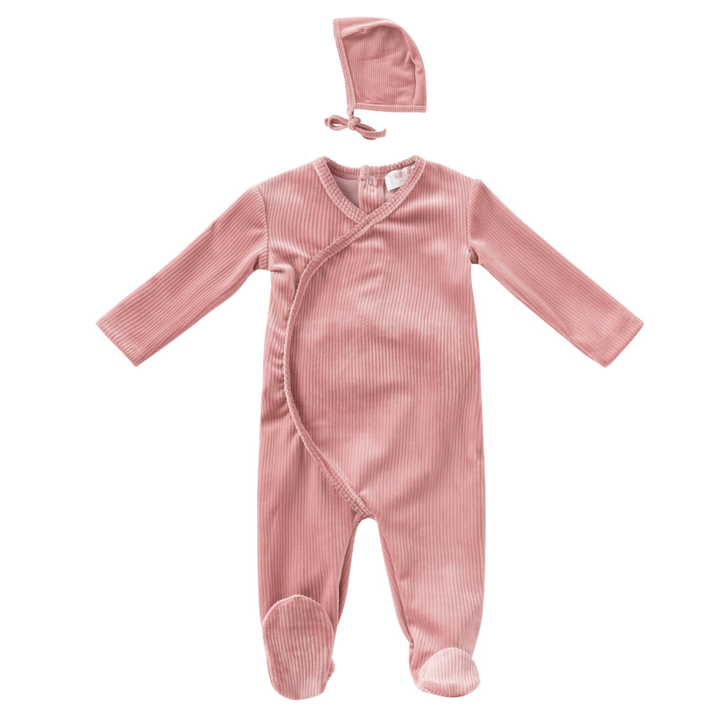 Pointelle Velour Romper & Bonnet Set - Grapefruit