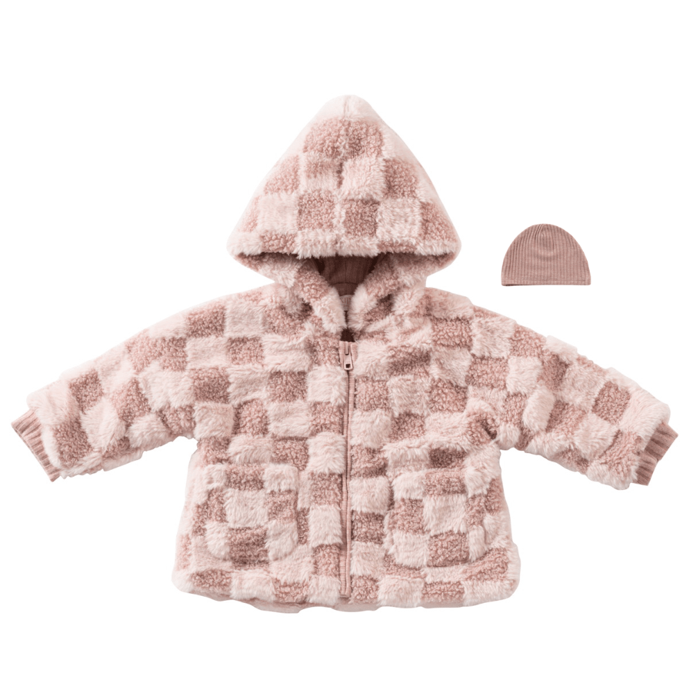 Checkered Fur Jacket & Rib Hat Set - Pink