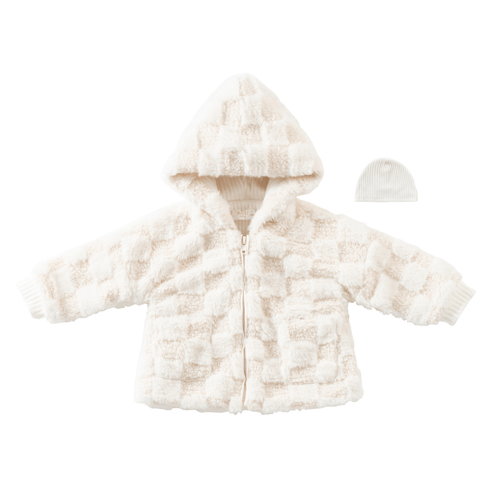 Checkered Fur Jacket & Rib Hat Set - White