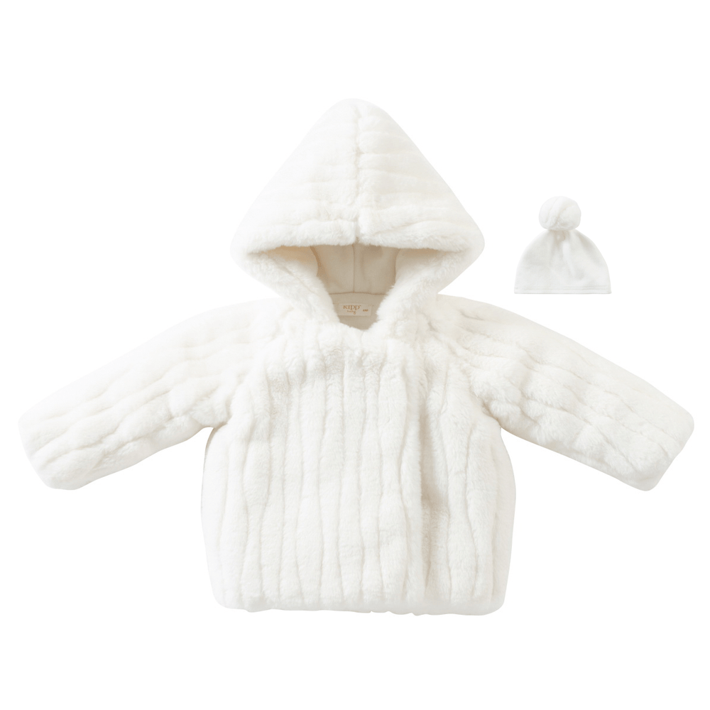 Rib Fur Jacket & Pom Pom Hat Set - White