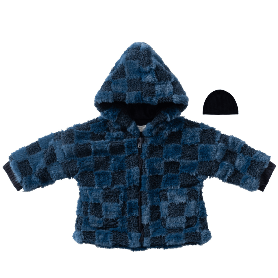 Checkered Fur Jacket & Rib Hat Set - Navy