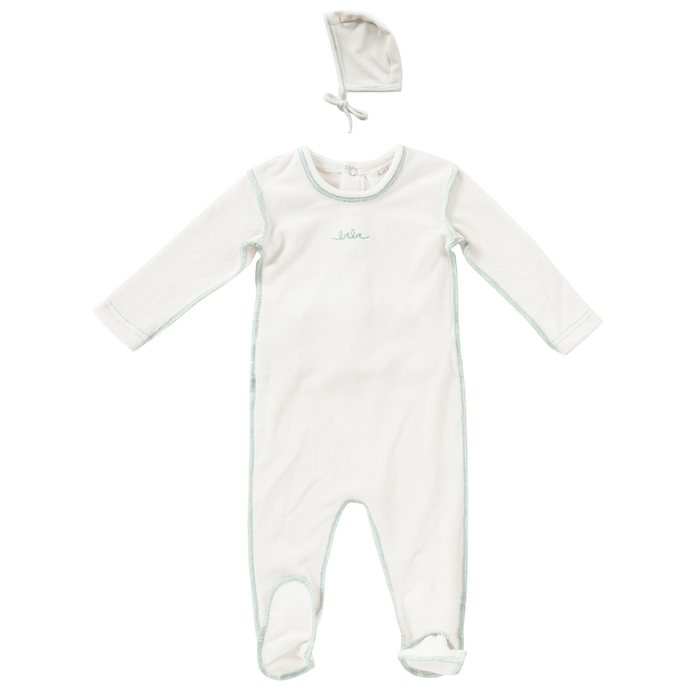 Edge Stitch Romper & Bonnet Set - Sage