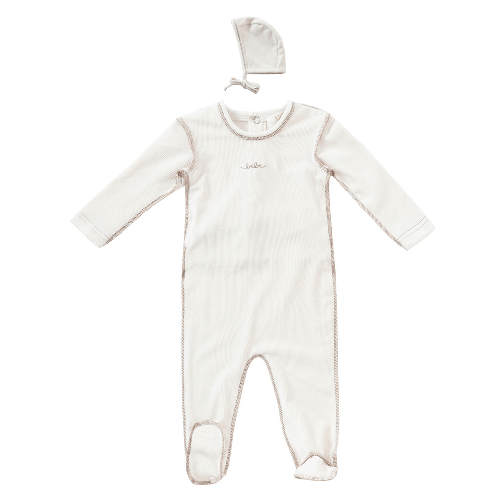 Edge Stitch Romper & Bonnet Set - Stone