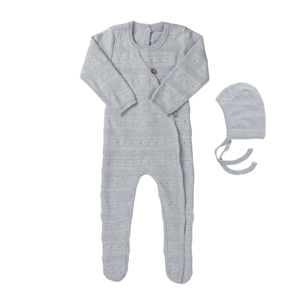 Pointelle Stripe Knit Romper & Bonnet Set - Blue