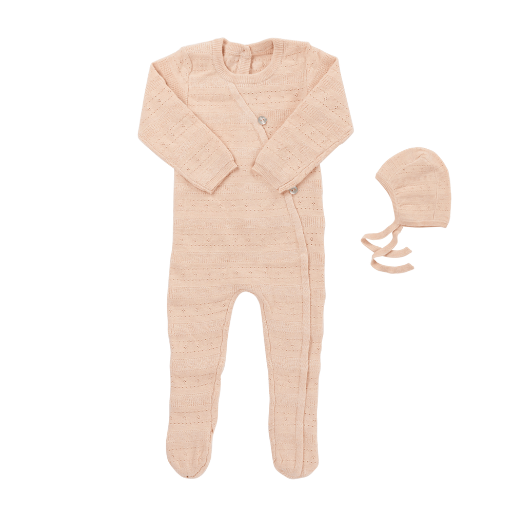 Pointelle Stripe Knit Romper & Bonnet Set - Pink