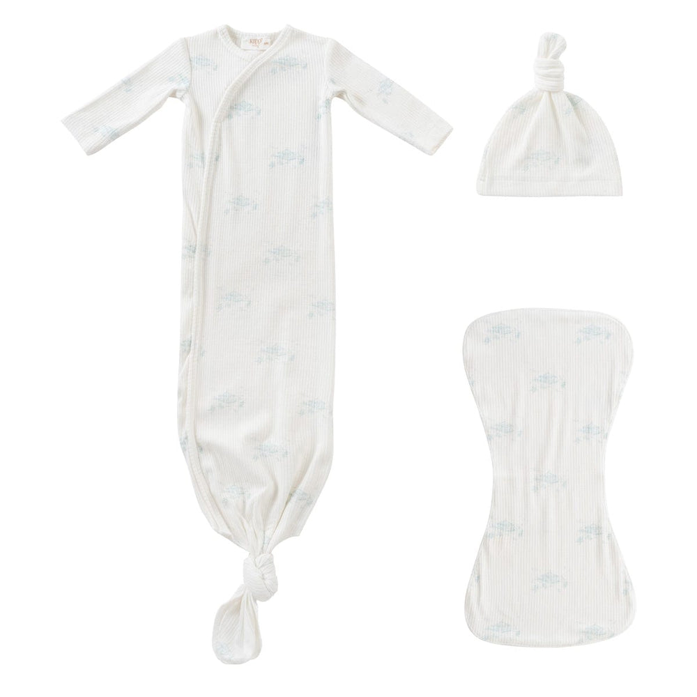 White Knotted Gown Set - Blue