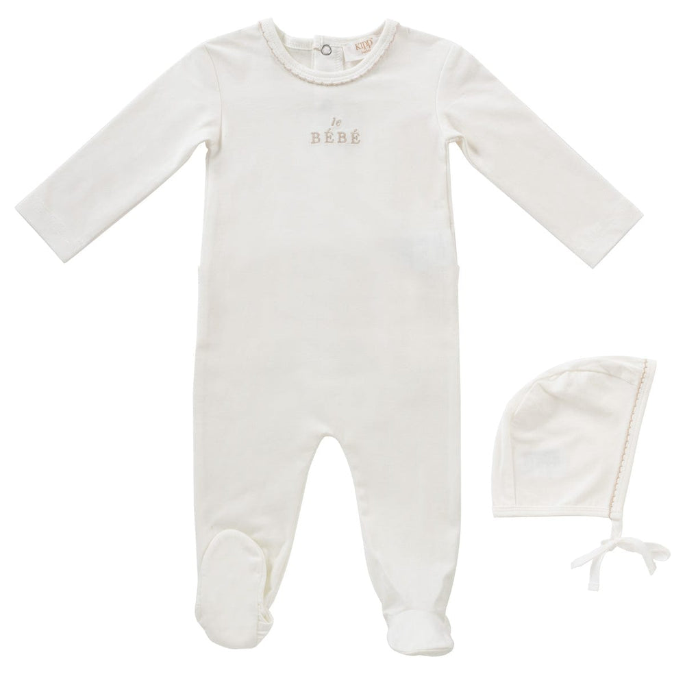 Bebe Embroidered Romper & Bonnet Set - Stone