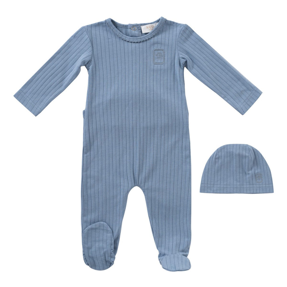 Embroidered Rib Romper + Hat Set - Blue
