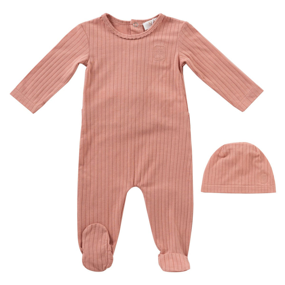 Embroidered Rib Romper + Hat Set - Blush