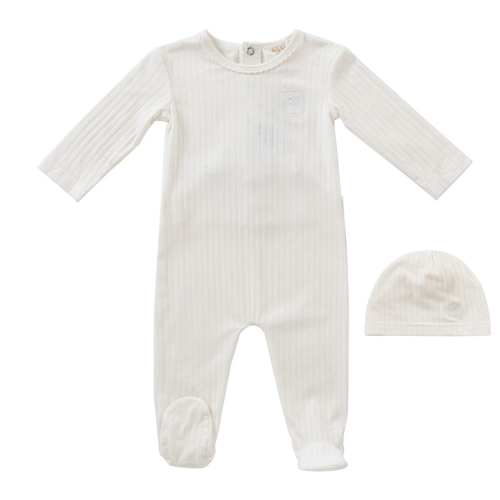 Embroidered Rib Romper + Hat Set - White