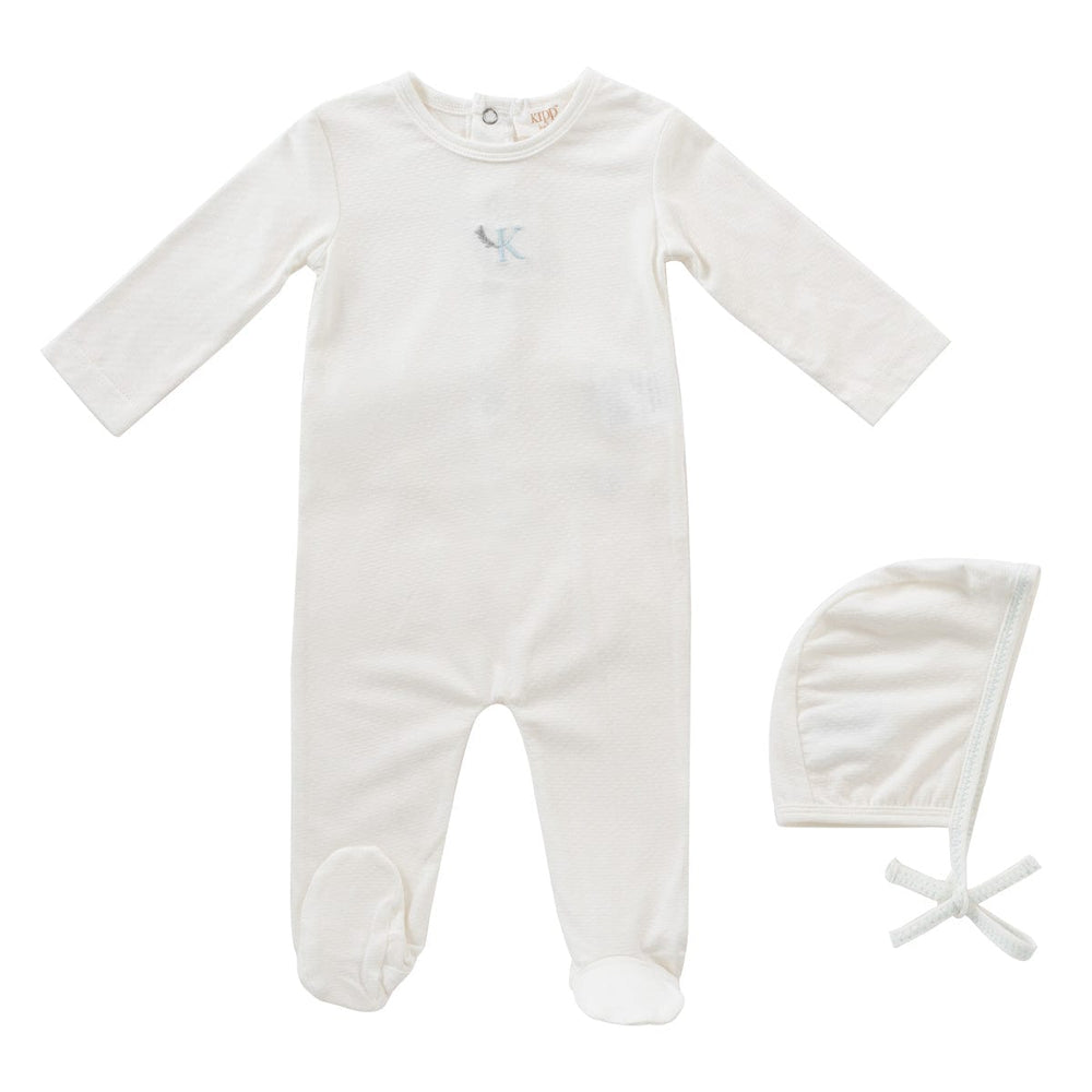 Metallic Embroidered Romper + Bonnet Set - Blue