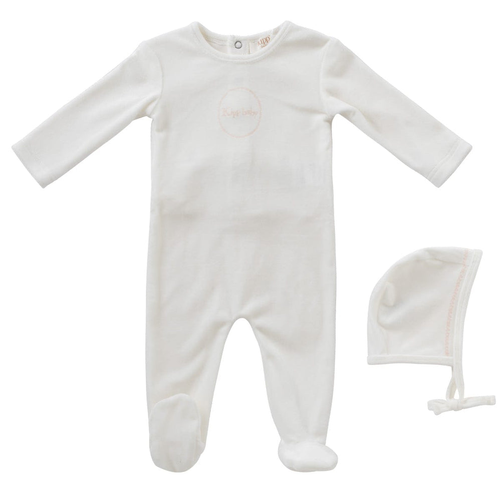 Spring Velour Romper + Bonnet Set - Pink