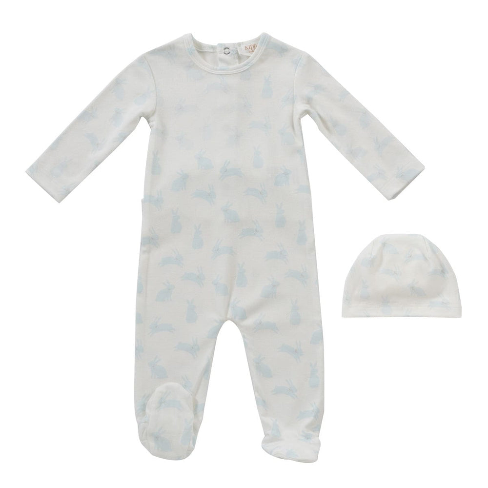 Bunny Print Romper & Hat Set - Blue