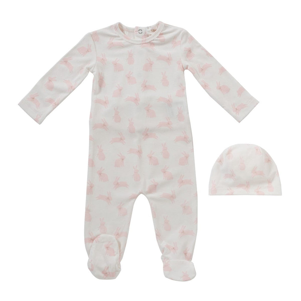 Bunny Print Romper & Hat Set - Pink