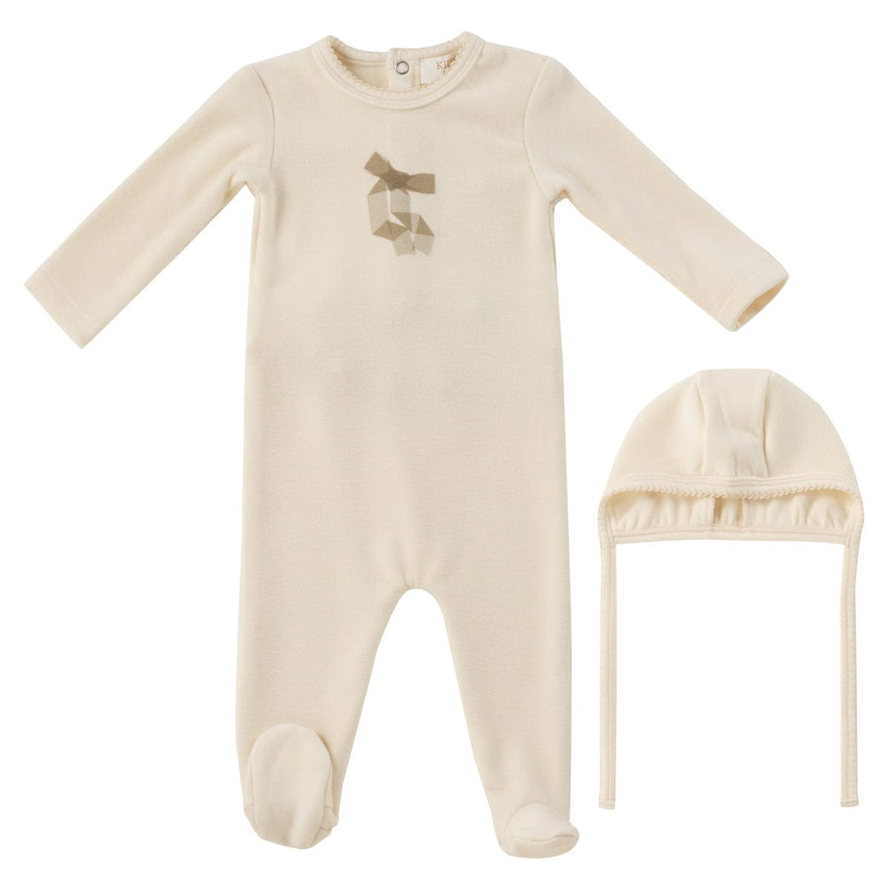 Felt Bow Romper+Bonnet Set - White