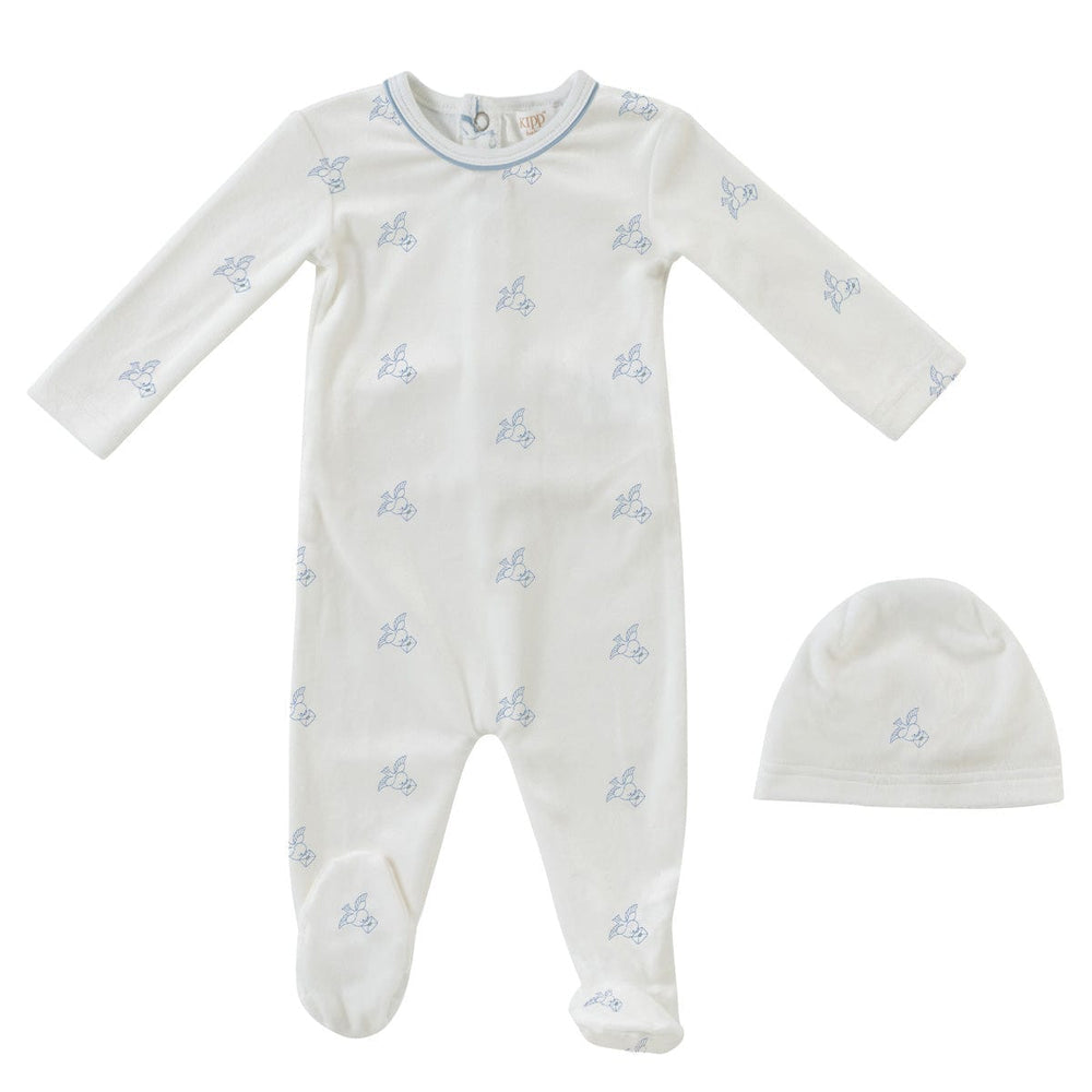 Flying Feathers Pattern Romper+Hat Set - Blue