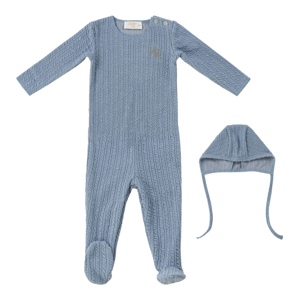 Cable Knit Romper + Hat - Blue