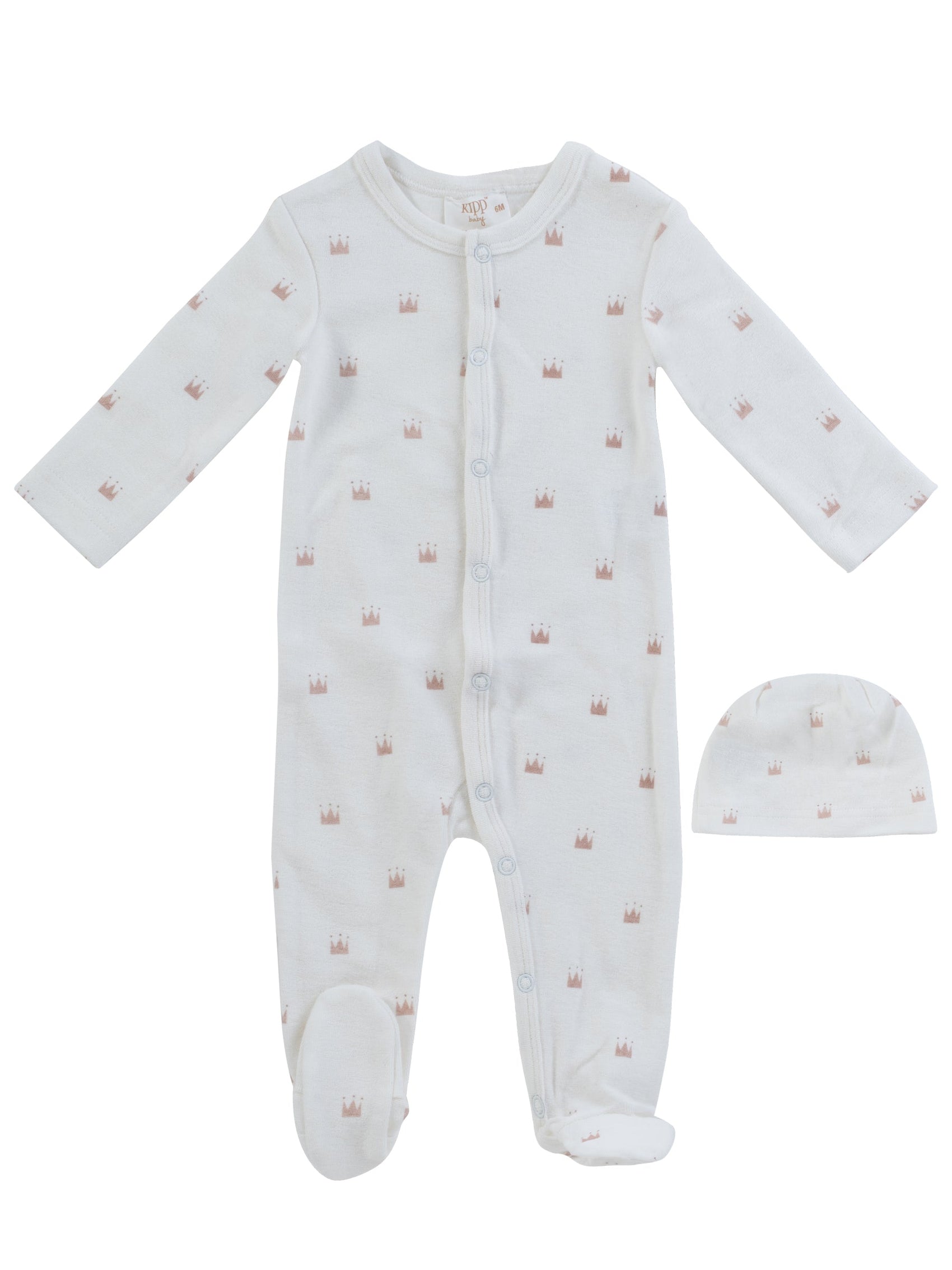 Little Crown Pattern Terry Footie + Hat - Pink